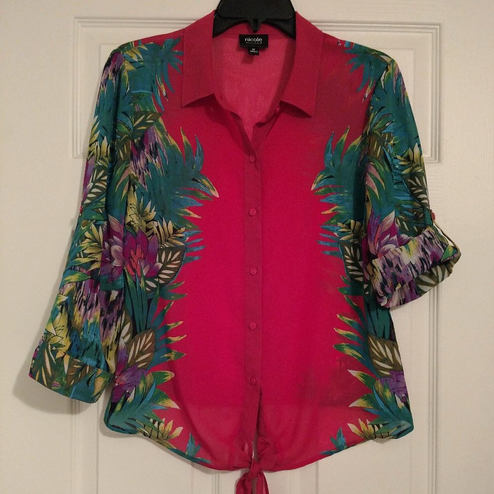 Nicole Miller~Pink/Tropical~Roll Tab Sleeve~Collared BLOUSE/Top~Women Medium/M/8